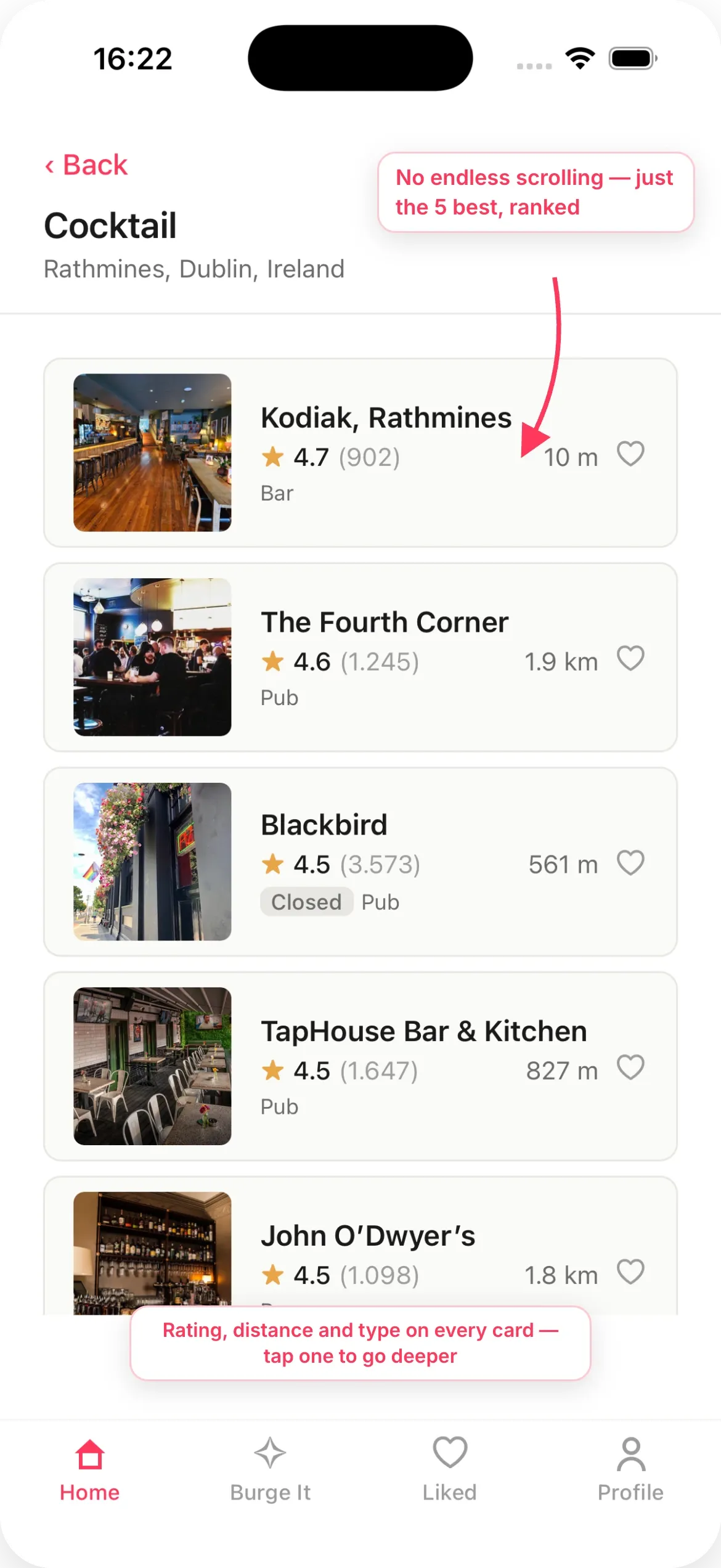 Burge results: the five best cocktail spots in Rathmines, each with rating, review count, distance and type.